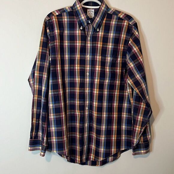 Brooks Brothers Men’s Med Slim Fit Non-Iron Button Down Dress Shirt Blue Orange - Picture 1 of 9